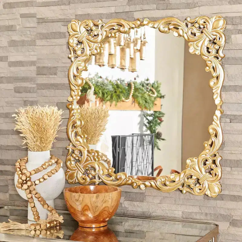 Metal Floral Ornate Baroque Wall Mirror with Distressed Details Gold
