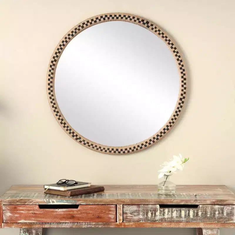 32" x 32" Handmade Woven Checkered Round Wall Mirror - Brown
