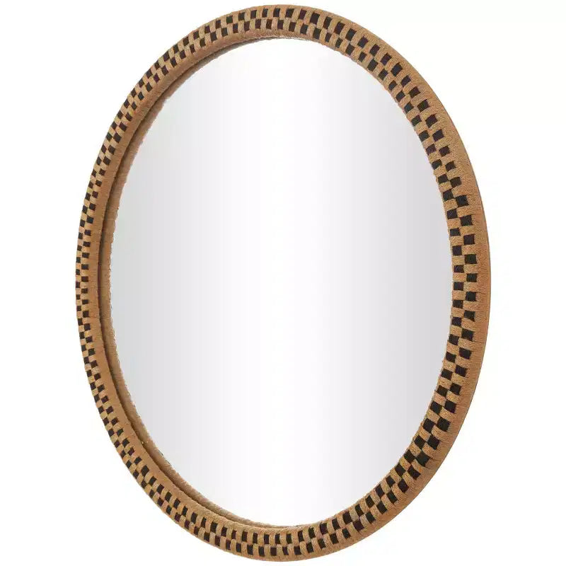 Miroir mural rond à carreaux tissé à la main 32" x 32" - Marron