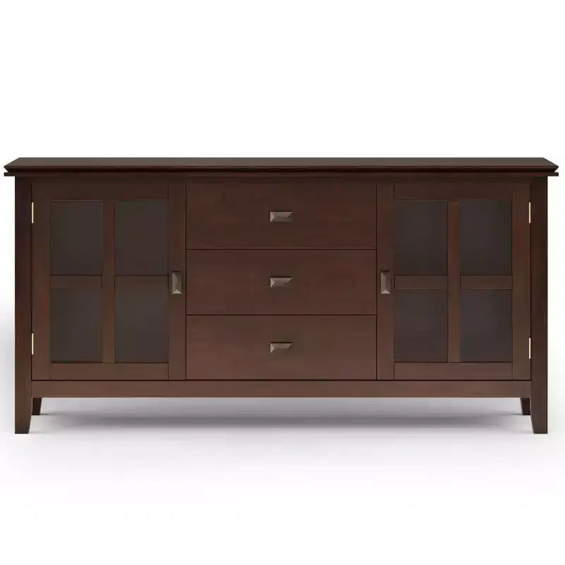 Grand buffet bahut brun roux – Bois massif, 3 tiroirs, 2 placards
