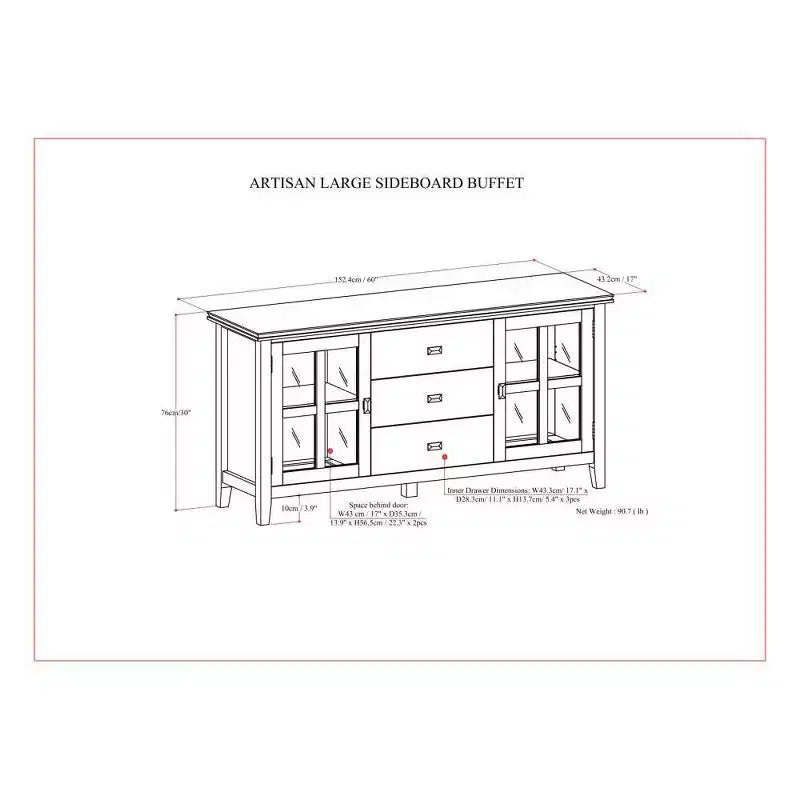 Grand buffet bahut brun roux – Bois massif, 3 tiroirs, 2 placards