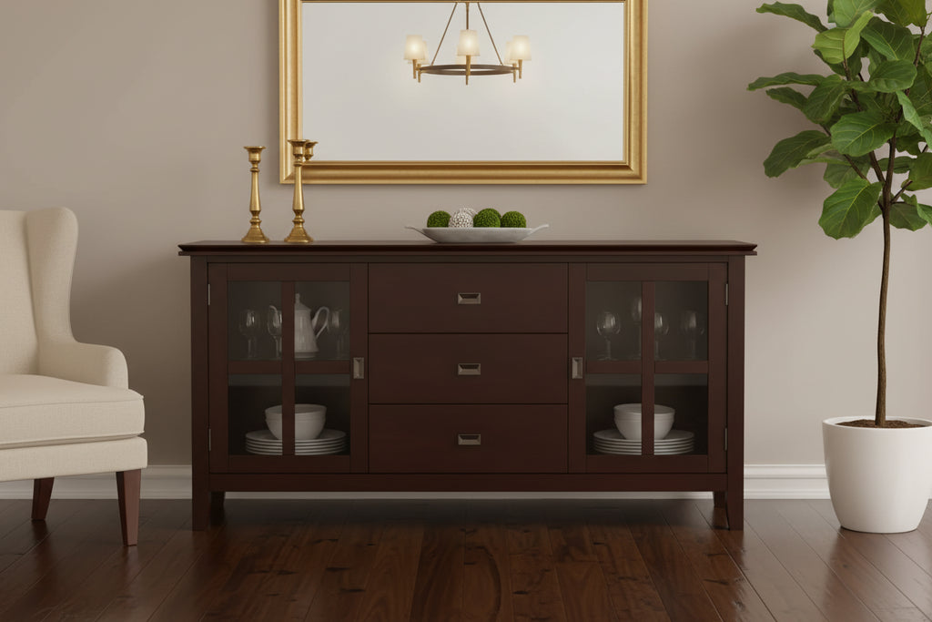 Grand buffet bahut brun roux – Bois massif, 3 tiroirs, 2 placards