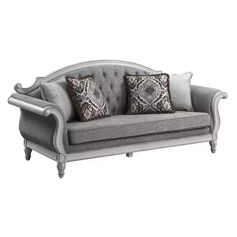 88" Florian Sofa Gray Fabric and Antique White Finish - Acme Furniture: Leather Upholstery, Wood Frame, Includes Accent Pillow