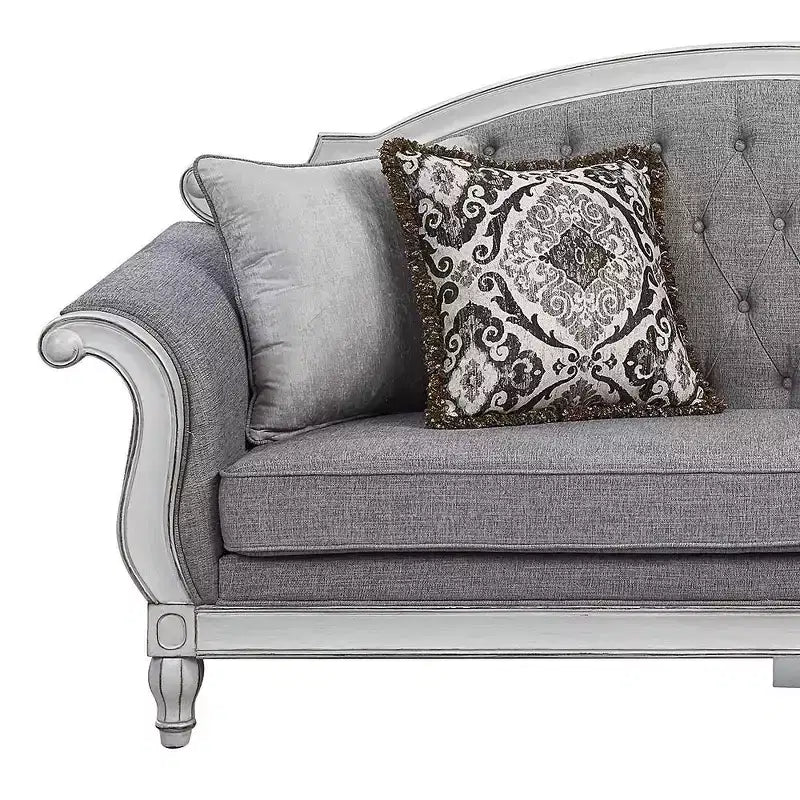 88" Gray Fabric Sofa with Antique White Finish