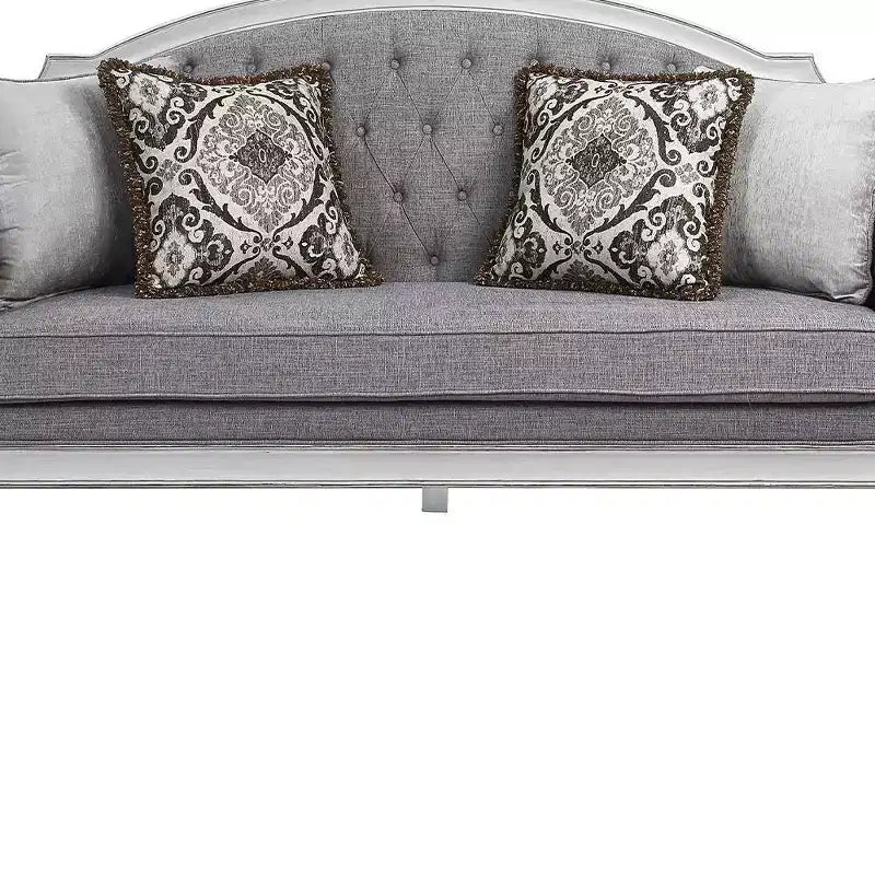 88" Gray Fabric Sofa with Antique White Finish