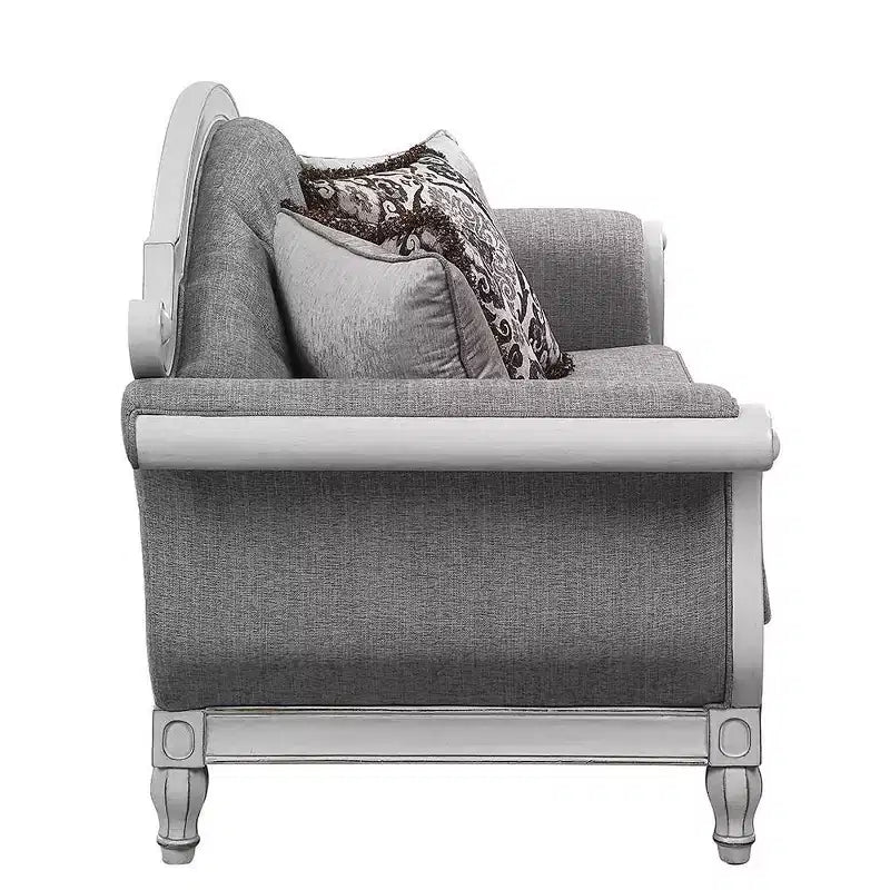 Canapé en tissu gris de 88 po avec finition blanc antique