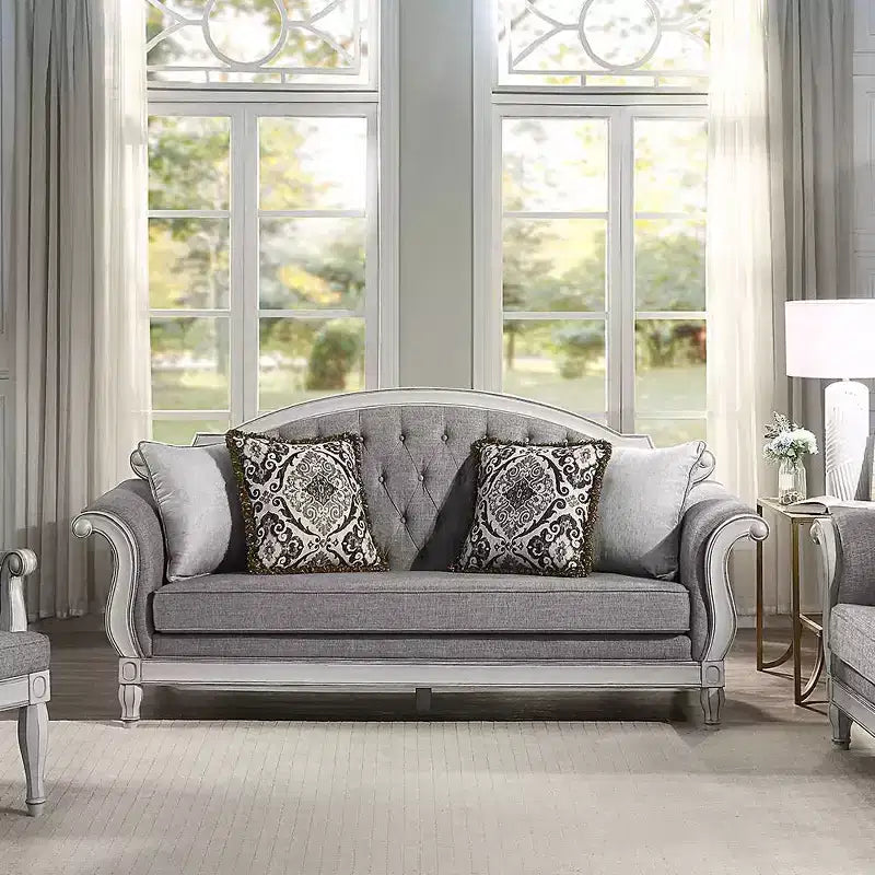 Canapé en tissu gris de 88 po avec finition blanc antique
