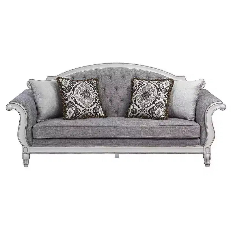 Canapé en tissu gris de 88 po avec finition blanc antique