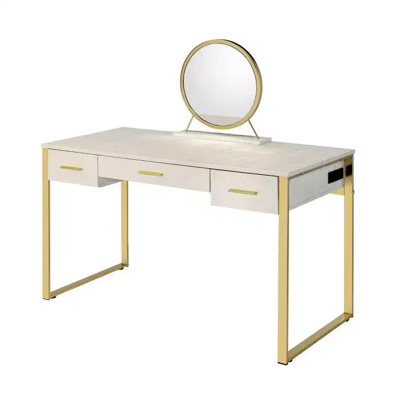 50" Vanity Table Antique White and Champagne Finish