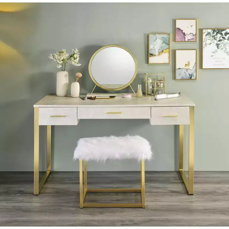 50" Vanity Table Antique White and Champagne Finish