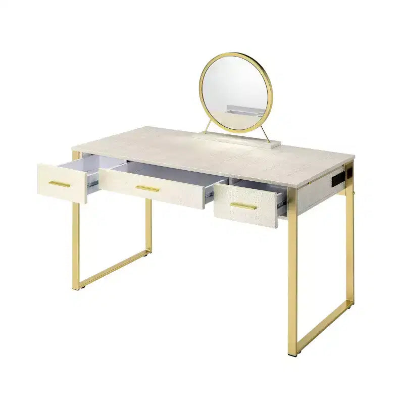 50" Vanity Table Antique White and Champagne Finish