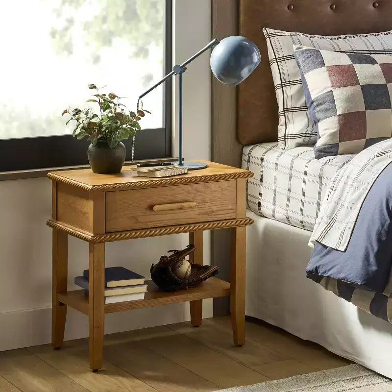 Oak Brown Square Nightstand with Drawer and Lower Shelf