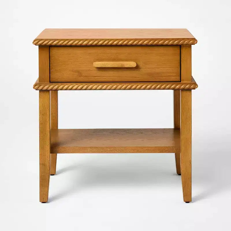 Oak Brown Square Nightstand with Drawer and Lower Shelf