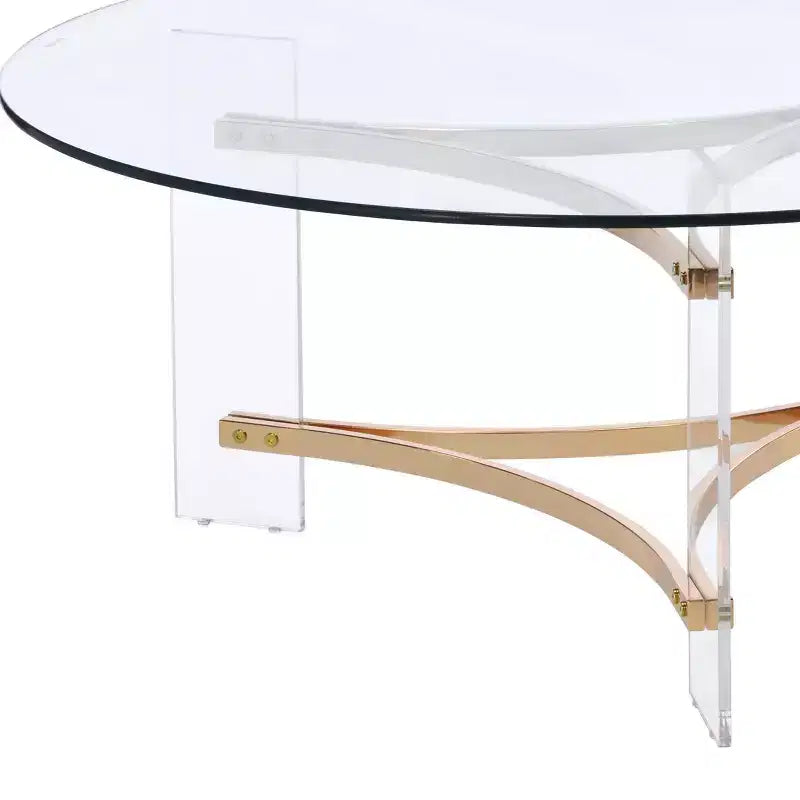 41" Round Tempered Glass Coffee Table with Gold Powder-Coated Frame and Storage