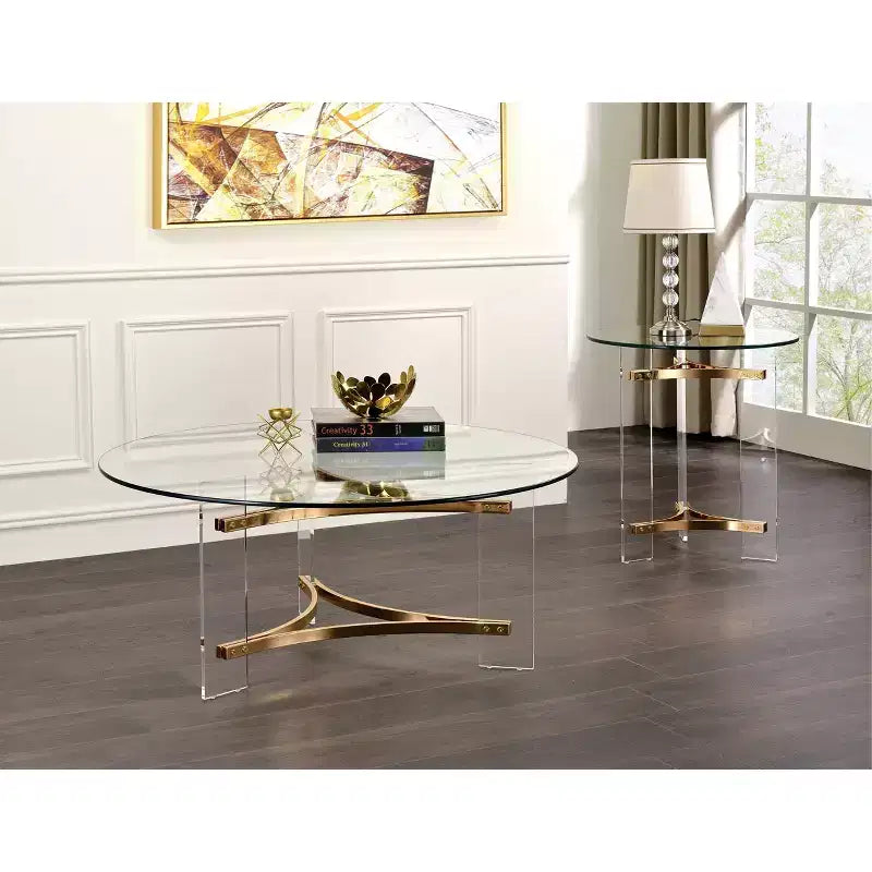 41" Round Tempered Glass Coffee Table with Gold Powder-Coated Frame and Storage