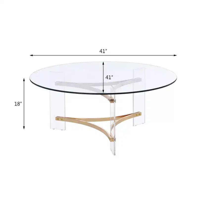 41" Round Tempered Glass Coffee Table with Gold Powder-Coated Frame and Storage