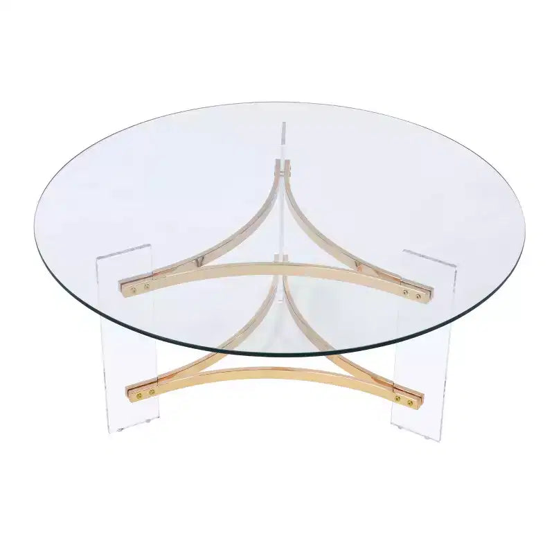 Table basse ronde de 104 cm en verre trempé avec cadre doré thermolaqué et rangement