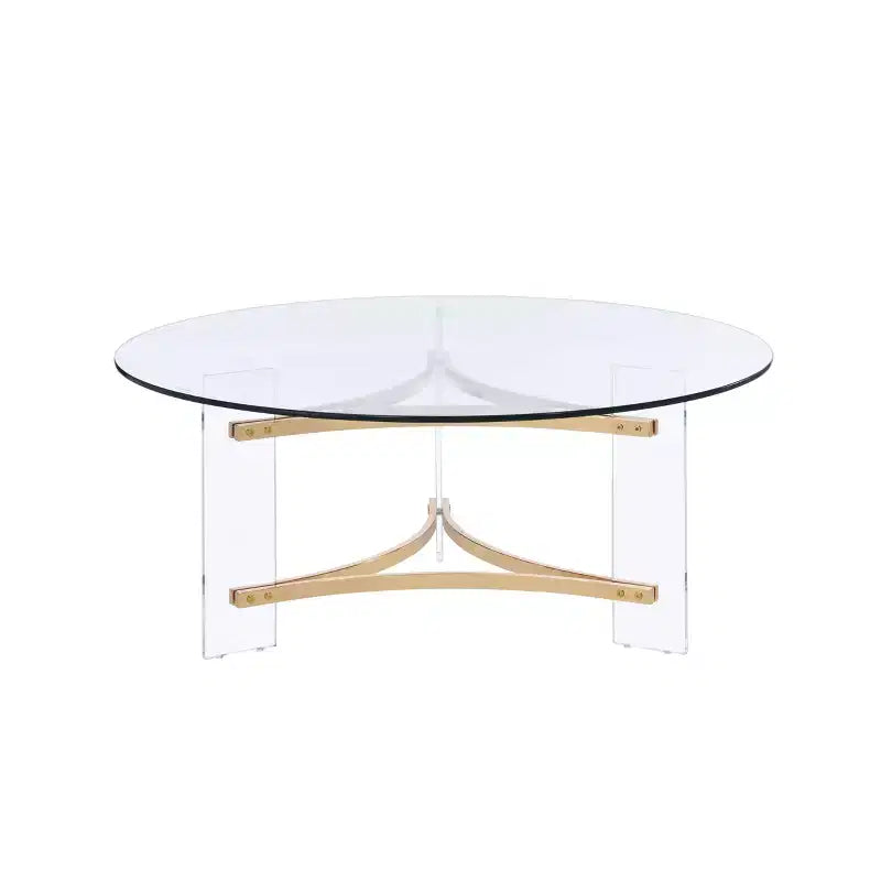 Table basse ronde de 104 cm en verre trempé avec cadre doré thermolaqué et rangement