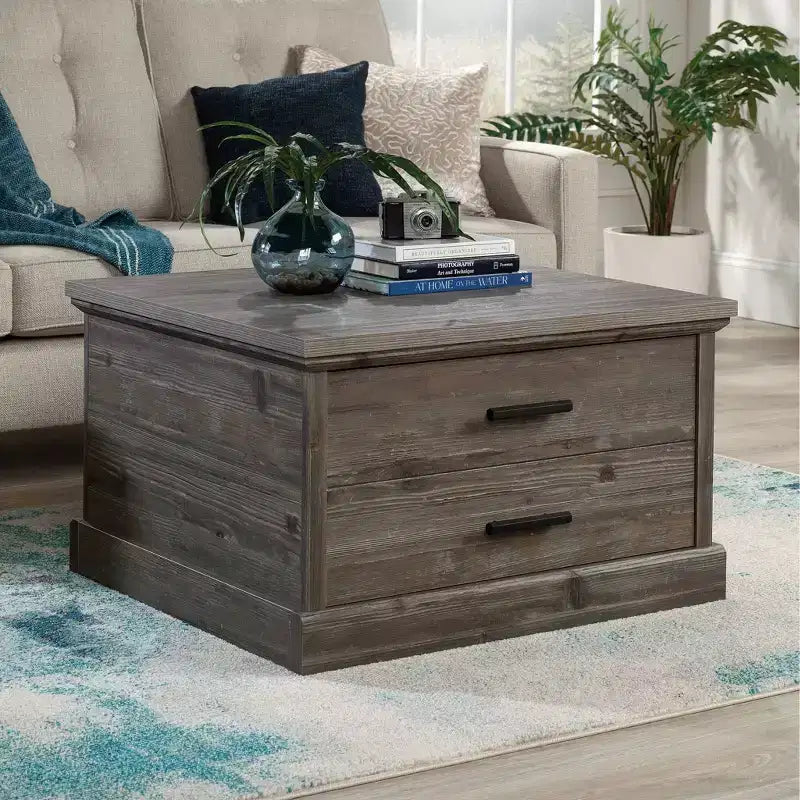 Table basse carrée avec rangement – Finition Pin Galet, MDF avec Quincaillerie Métallique