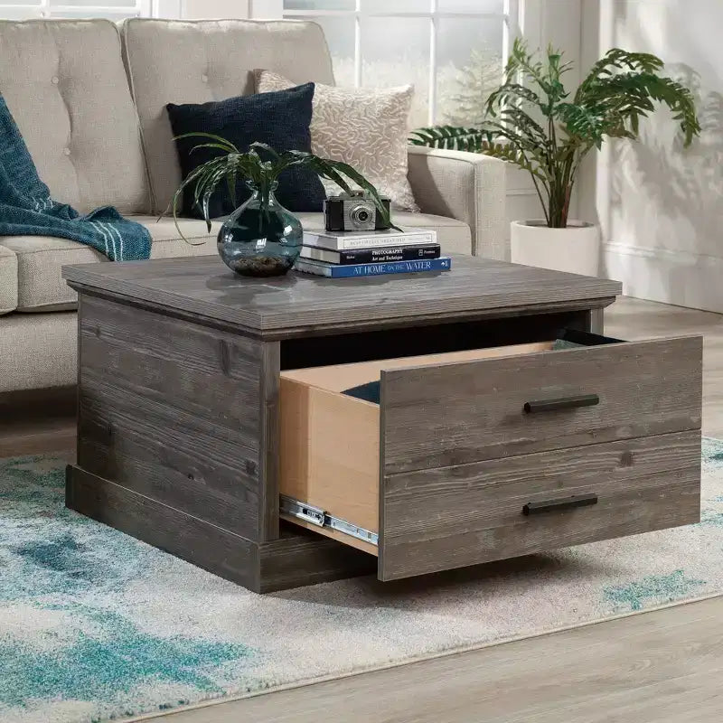 Square Storage Coffee Table – Pebble Pine Finish, MDF with Metal Hardware