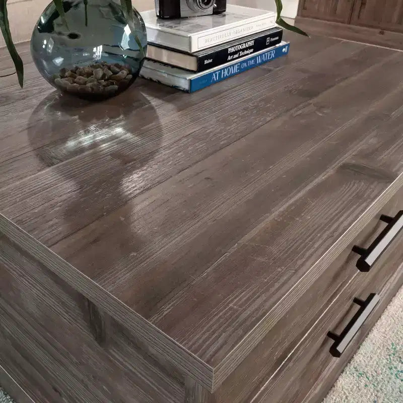Table basse carrée avec rangement – Finition Pin Galet, MDF avec Quincaillerie Métallique