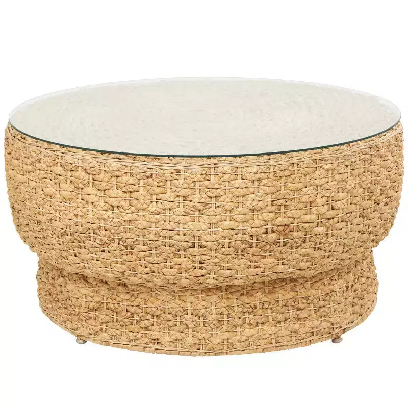 Olivia & May Rattan Handmade Woven Tapered Coffee Table with Glass Top Brown: Nautical Coastal No Assembly