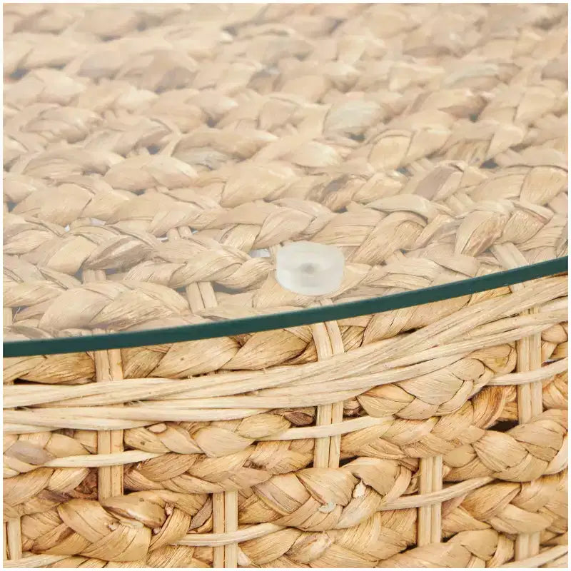 Rattan Handmade Woven Tapered Coffee Table with Glass Top, Brown