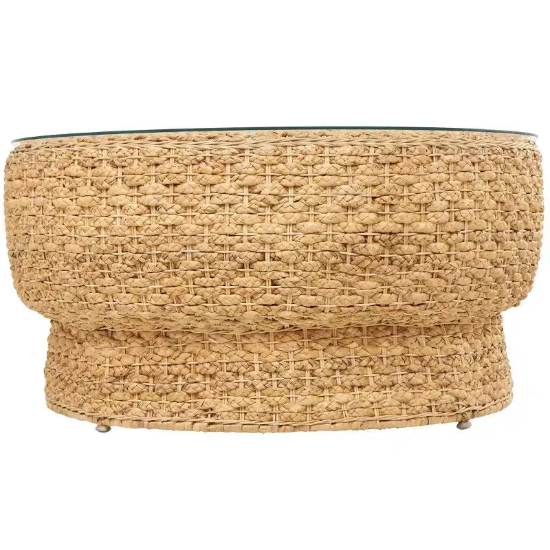 Rattan Handmade Woven Tapered Coffee Table with Glass Top, Brown