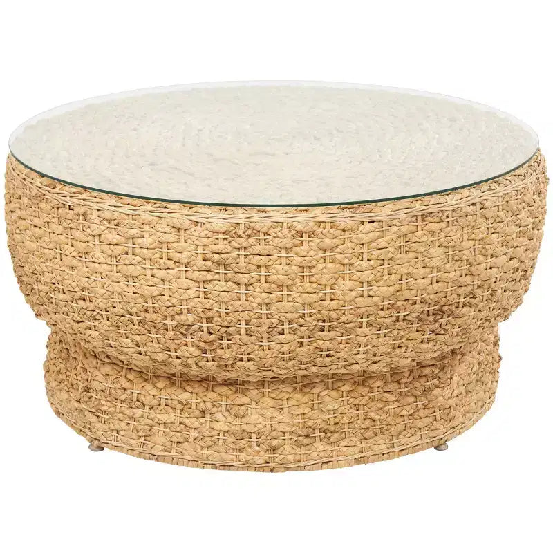 Table basse conique en rotin tressé à la main avec plateau en verre, marron
