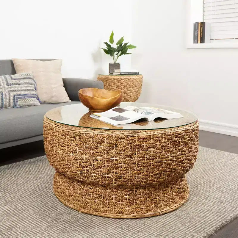 Table basse conique en rotin tressé à la main avec plateau en verre, marron