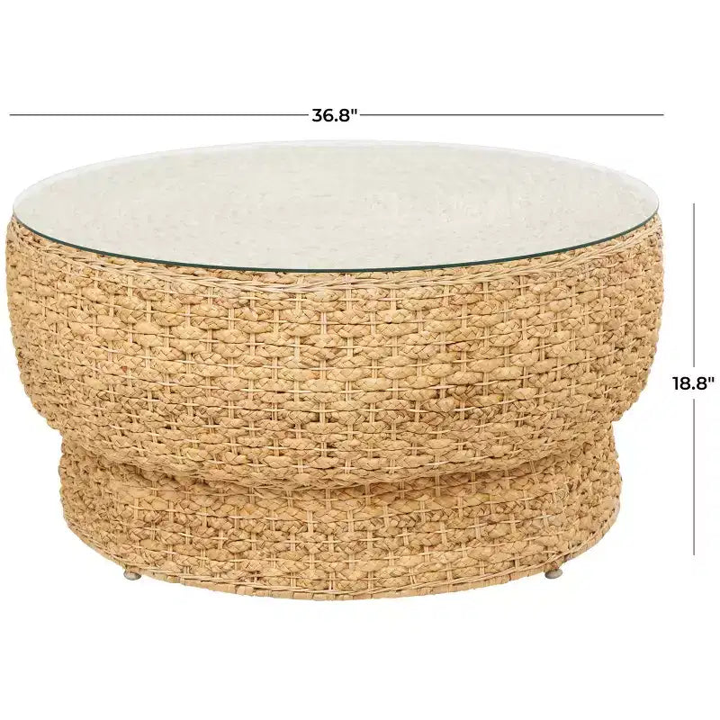 Table basse conique en rotin tressé à la main avec plateau en verre, marron