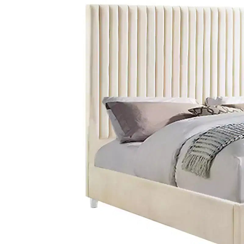 86" Queen Bed – Beige Velvet Upholstered Panel, Wood Frame, Acrylic Legs
