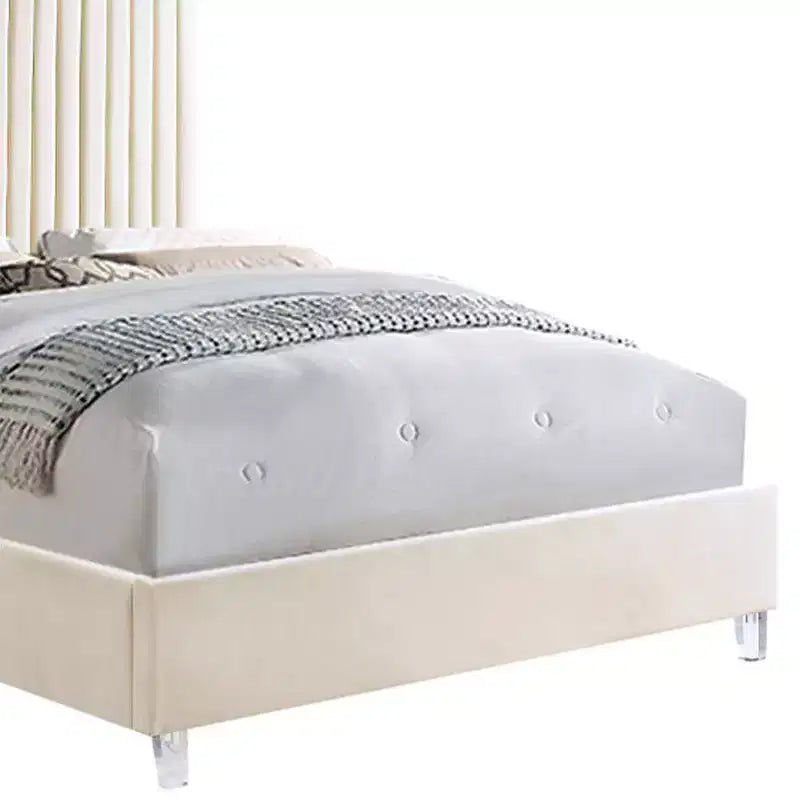 86" Queen Bed – Beige Velvet Upholstered Panel, Wood Frame, Acrylic Legs