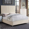 Grand lit double 86 po – Panneau rembourré en velours beige, cadre en bois, pieds en acrylique