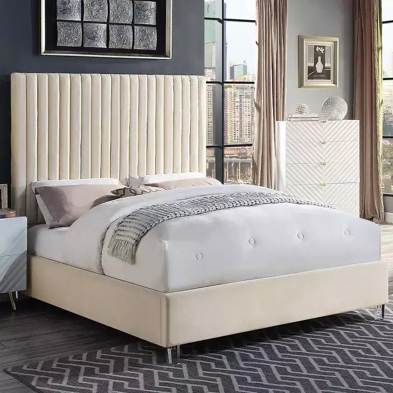 86" Queen Bed – Beige Velvet Upholstered Panel, Wood Frame, Acrylic Legs