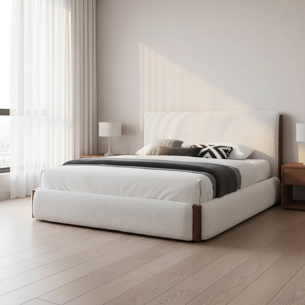 88.98" Queen Bed – White Boucle & Walnut Finish