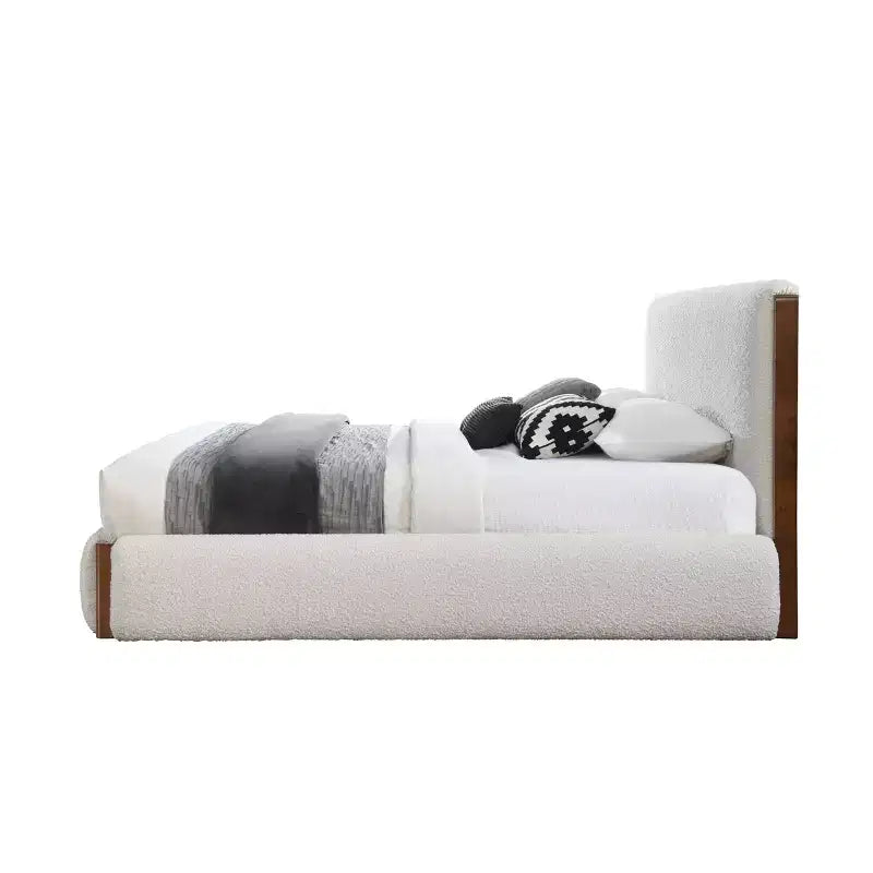 Lit Queen 226 cm – Boucle blanc et finition Noyer