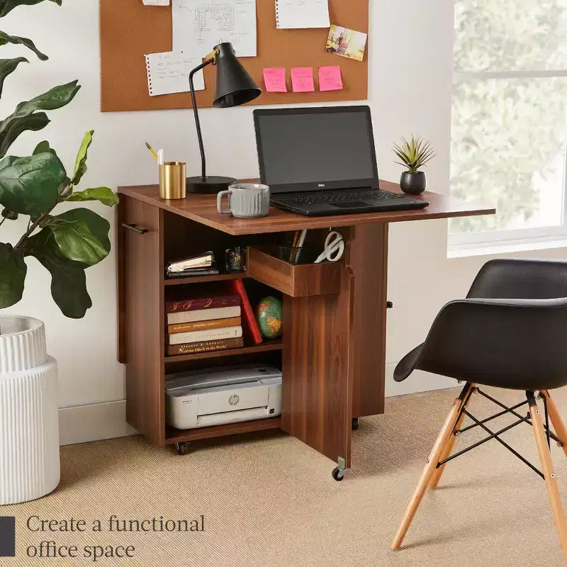 Multipurpose Folding Table w/ Wheels, 3 Storage Shelves, Cubby & Handle
