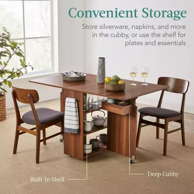 Multipurpose Folding Table w/ Wheels, 3 Storage Shelves, Cubby & Handle