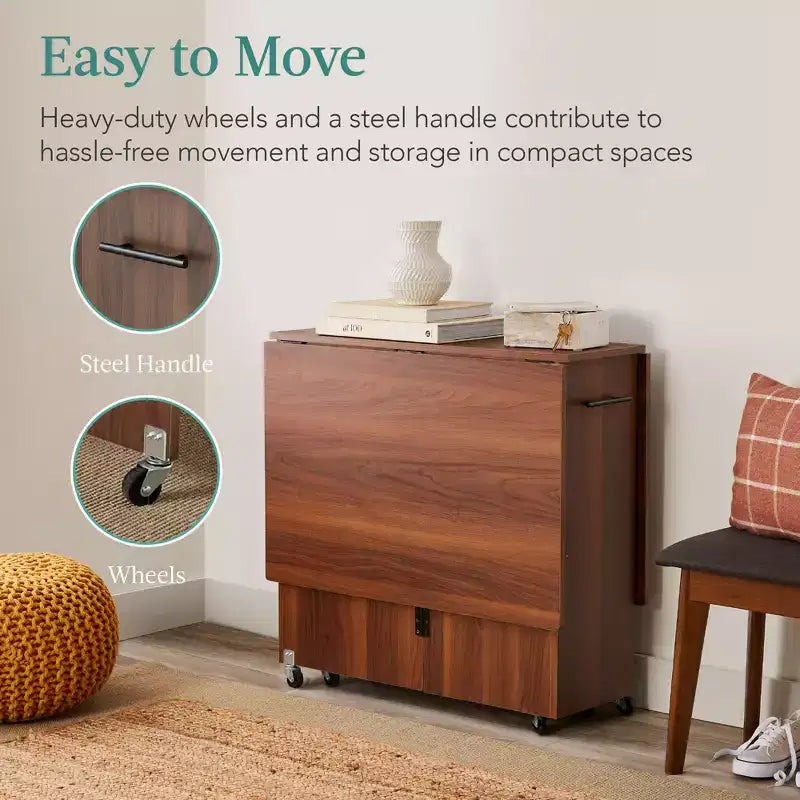 Multipurpose Folding Table w/ Wheels, 3 Storage Shelves, Cubby & Handle