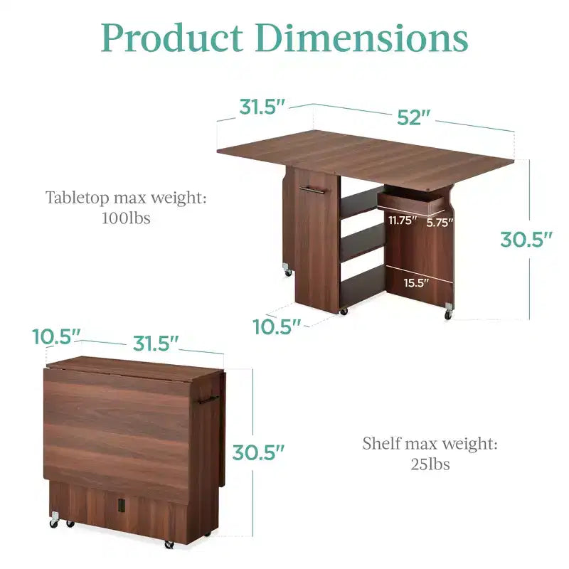 Table pliante multifonctionnelle avec roulettes, 3 étagères de rangement, casier et poignée