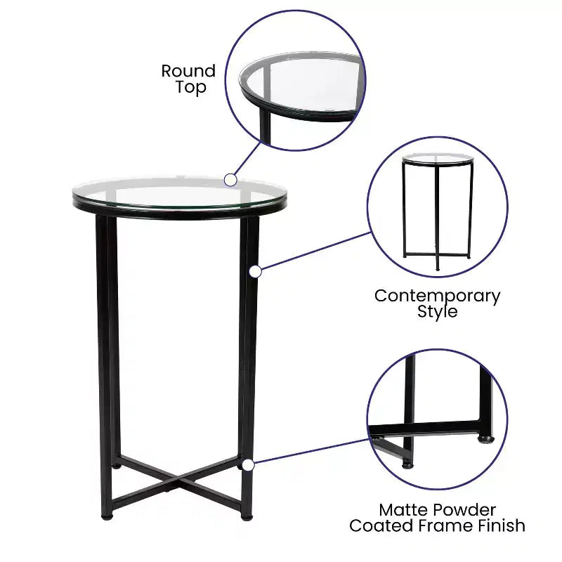 Table d'appoint de salon en verre avec piètement en métal entrecroisé