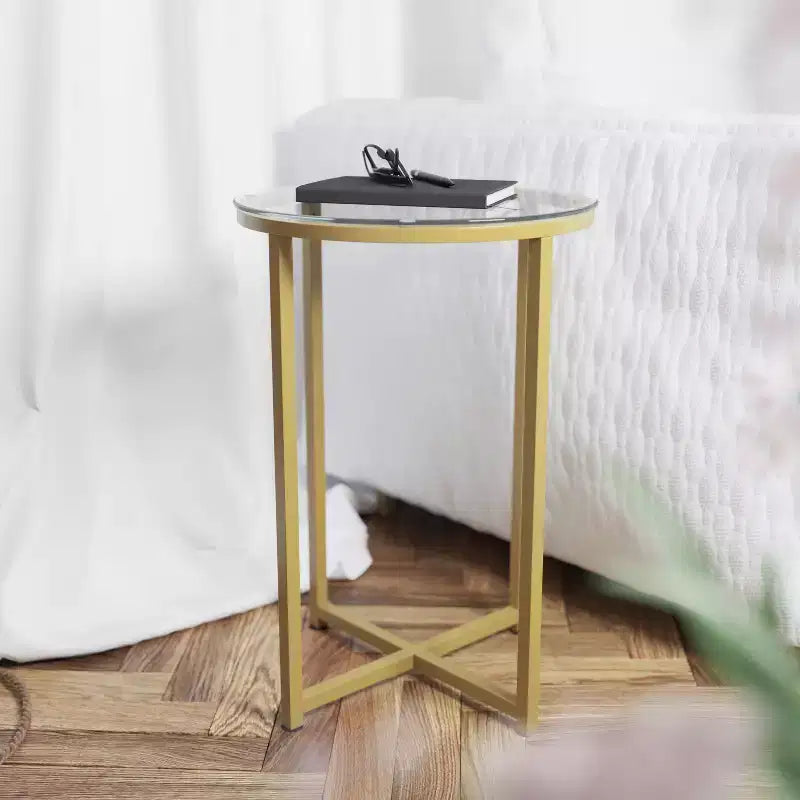 Glass Living Room End Table with Crisscross Metal Frame
