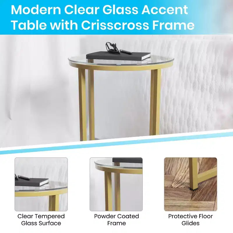 Table d'appoint de salon en verre avec piètement en métal entrecroisé
