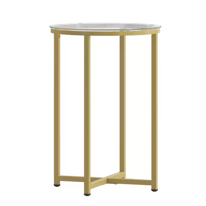 Glass Living Room End Table with Crisscross Metal Frame