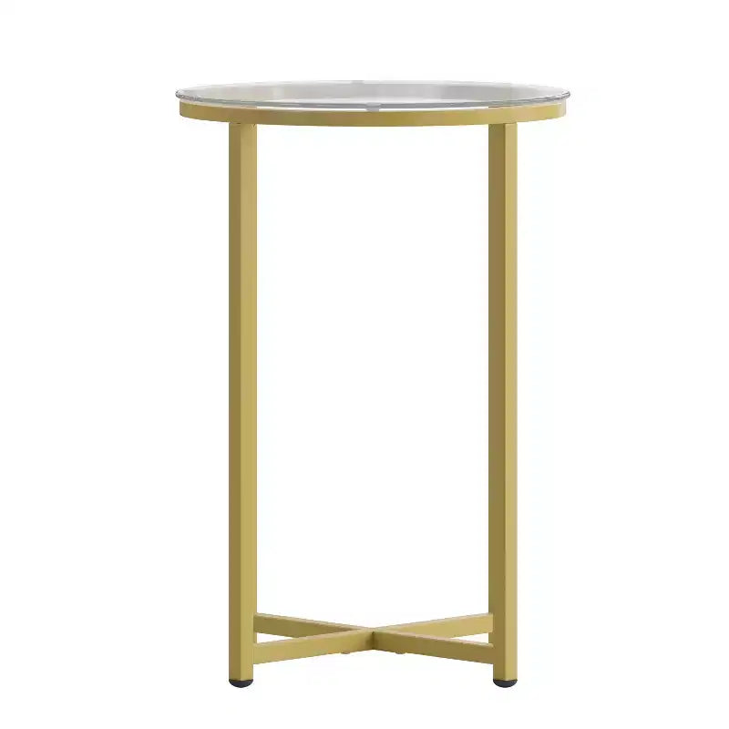 Table d'appoint de salon en verre avec piètement en métal entrecroisé