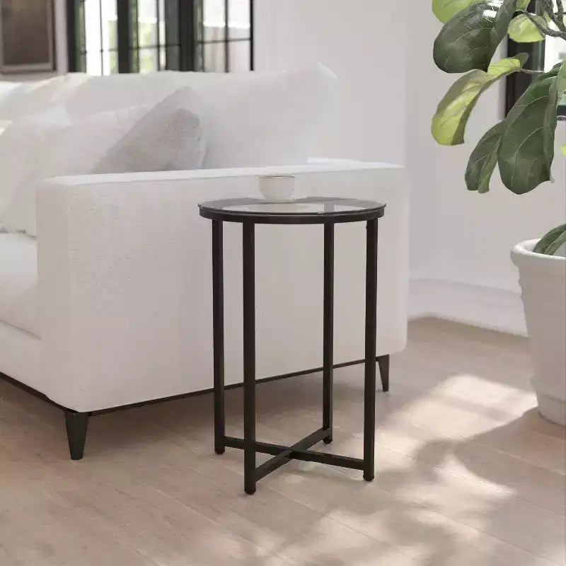 Table d'appoint de salon en verre avec piètement en métal entrecroisé
