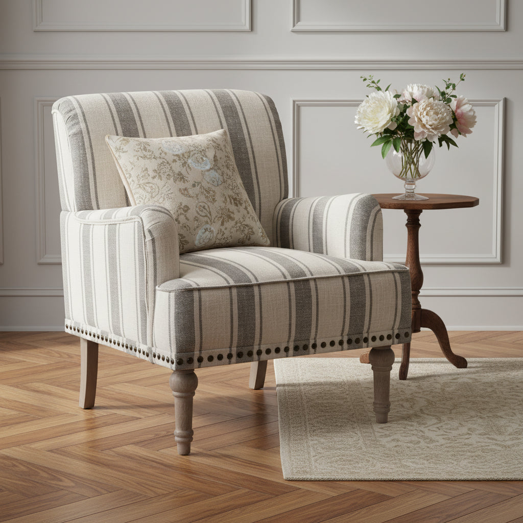 Venere Bedroom Wooden Upholstered Armchair with Nailhead Trim and Unique Stripe Design| ART OF LIVING DESIGNS