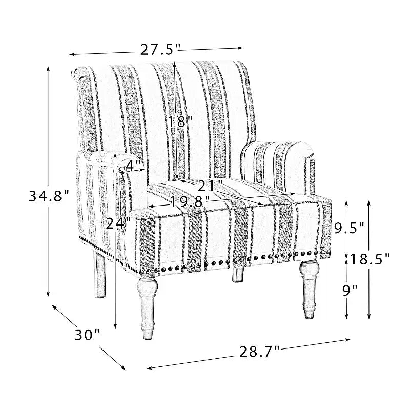 Fauteuil rembourré en bois avec clous décoratifs et motif à rayures