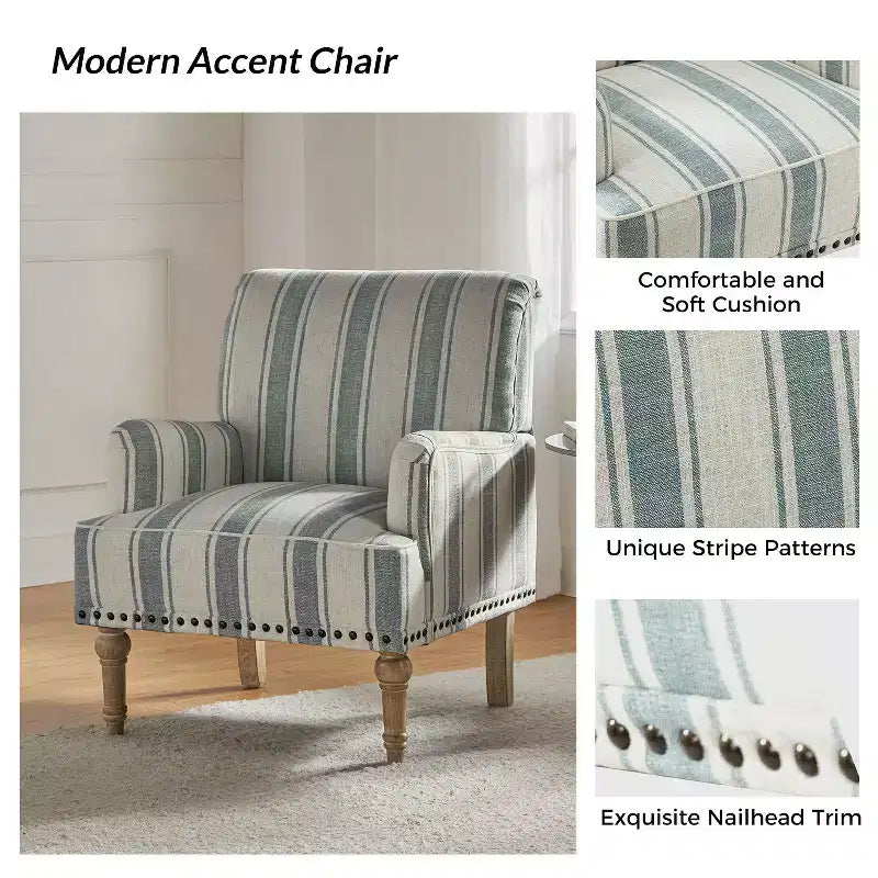 Fauteuil rembourré en bois avec clous décoratifs et motif à rayures